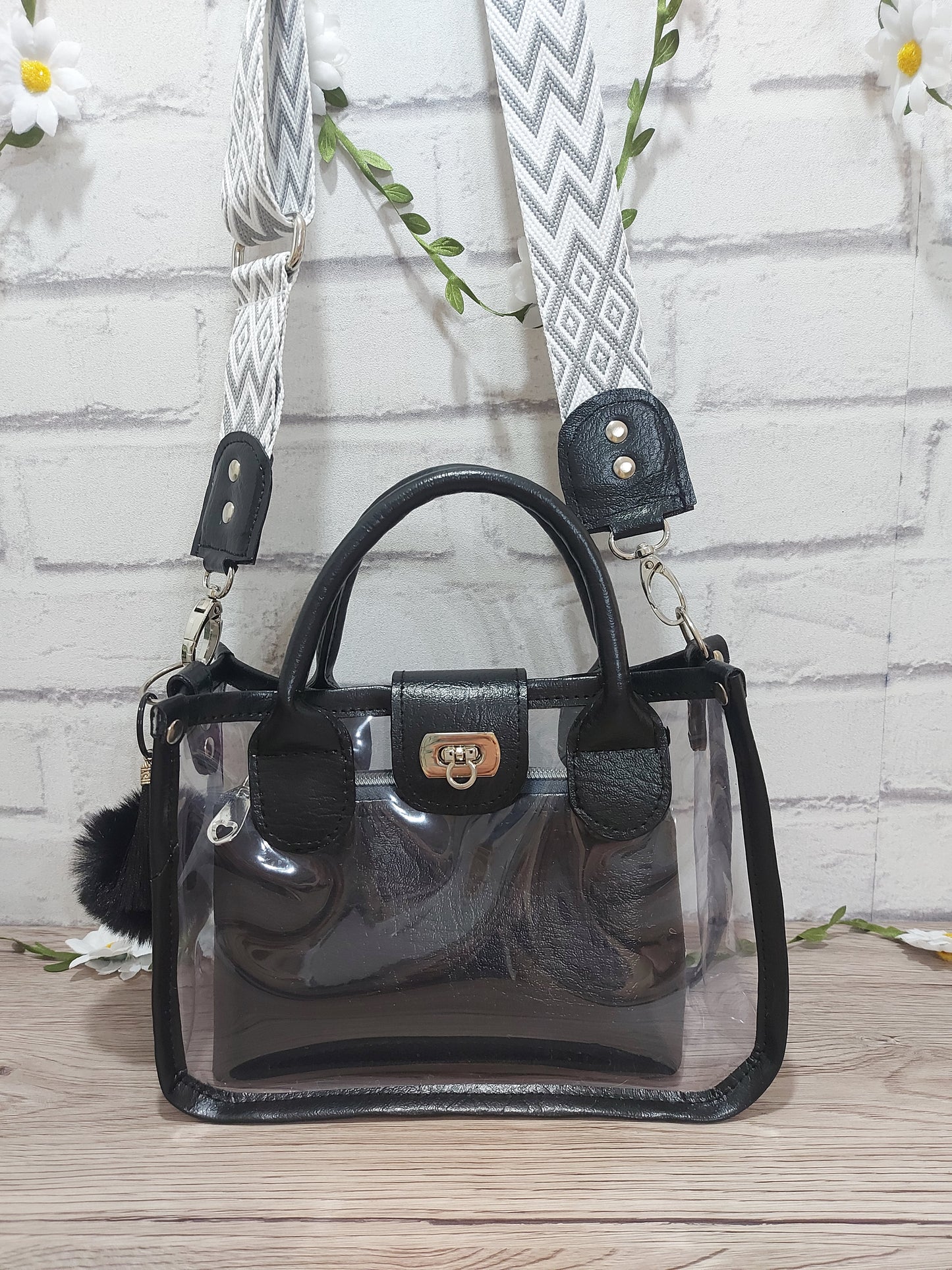 Clear Small Bag with Black Faux Leather