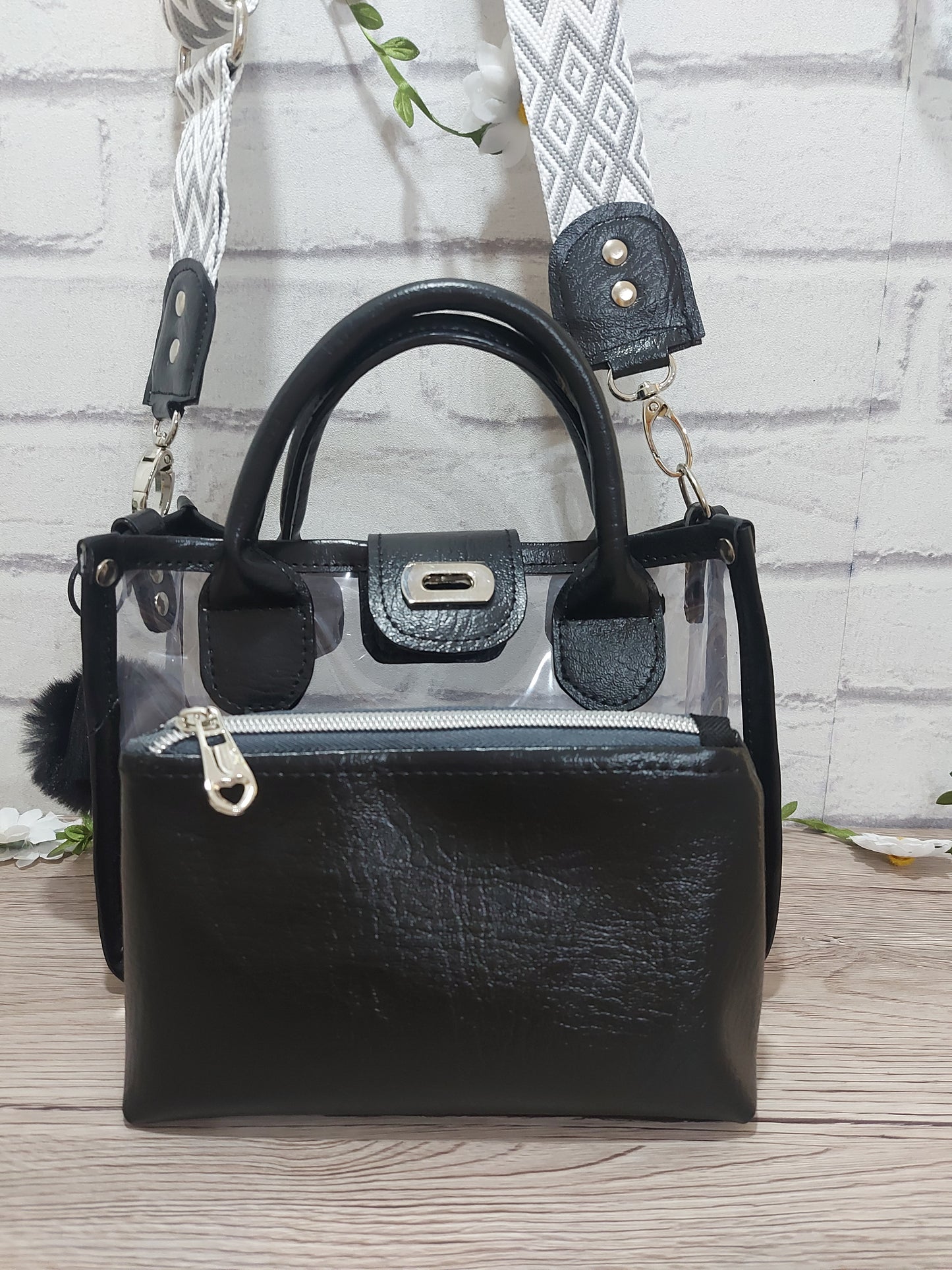 Clear Small Bag with Black Faux Leather
