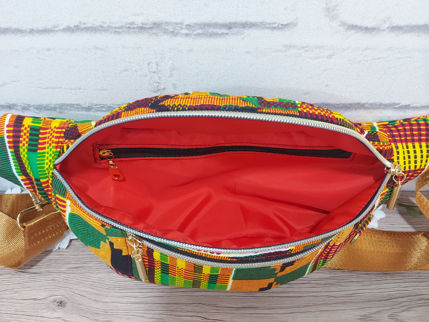 African print Bum Bag in orange, red, yellow and green colours with detachable strap. Fanny Pack, Sling Bag