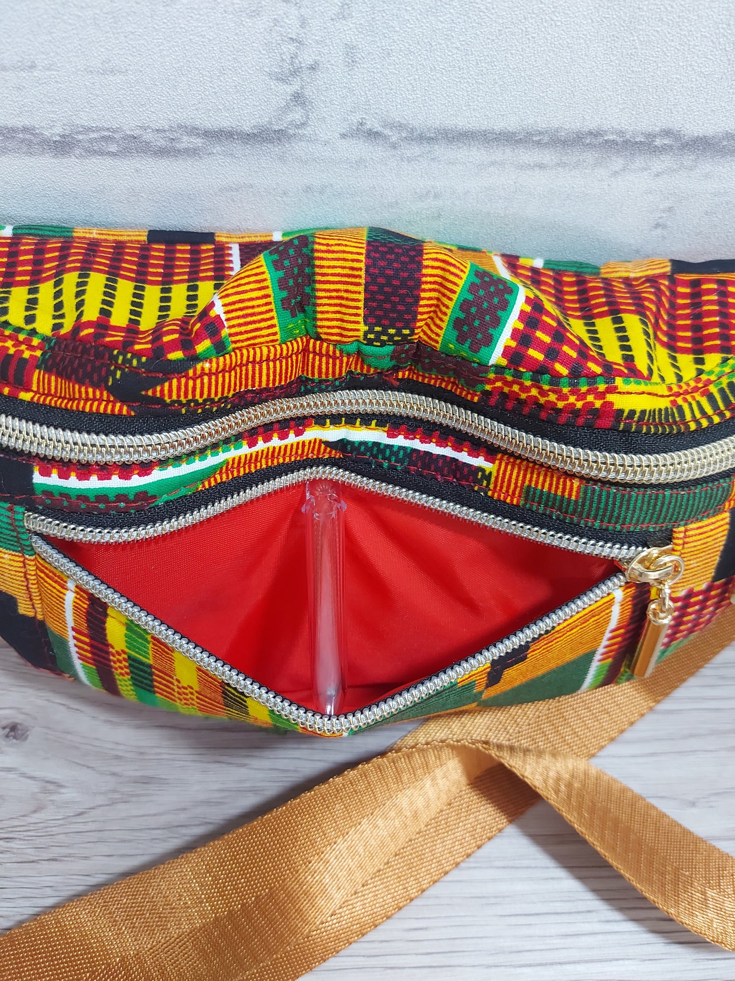 African print Bum Bag in orange, red, yellow and green colours with detachable strap. Fanny Pack, Sling Bag