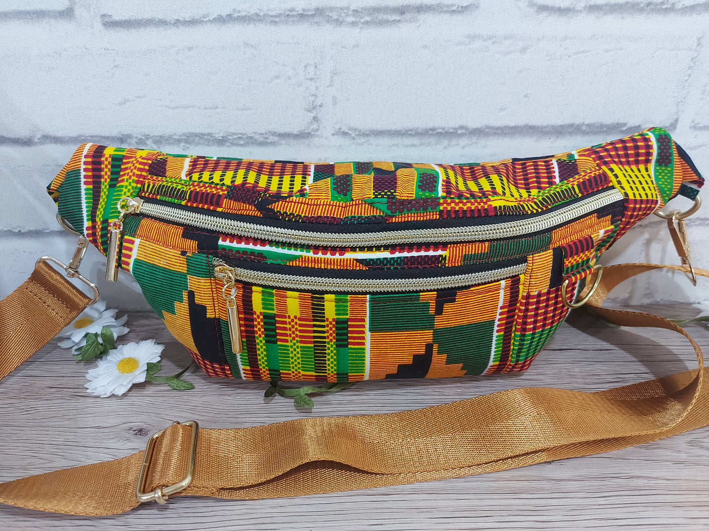 African print Bum Bag in orange, red, yellow and green colours with detachable strap. Fanny Pack, Sling Bag