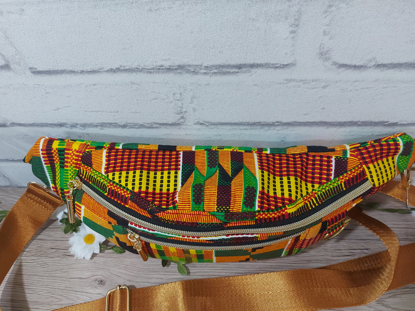 African print Bum Bag in orange, red, yellow and green colours with detachable strap. Fanny Pack, Sling Bag