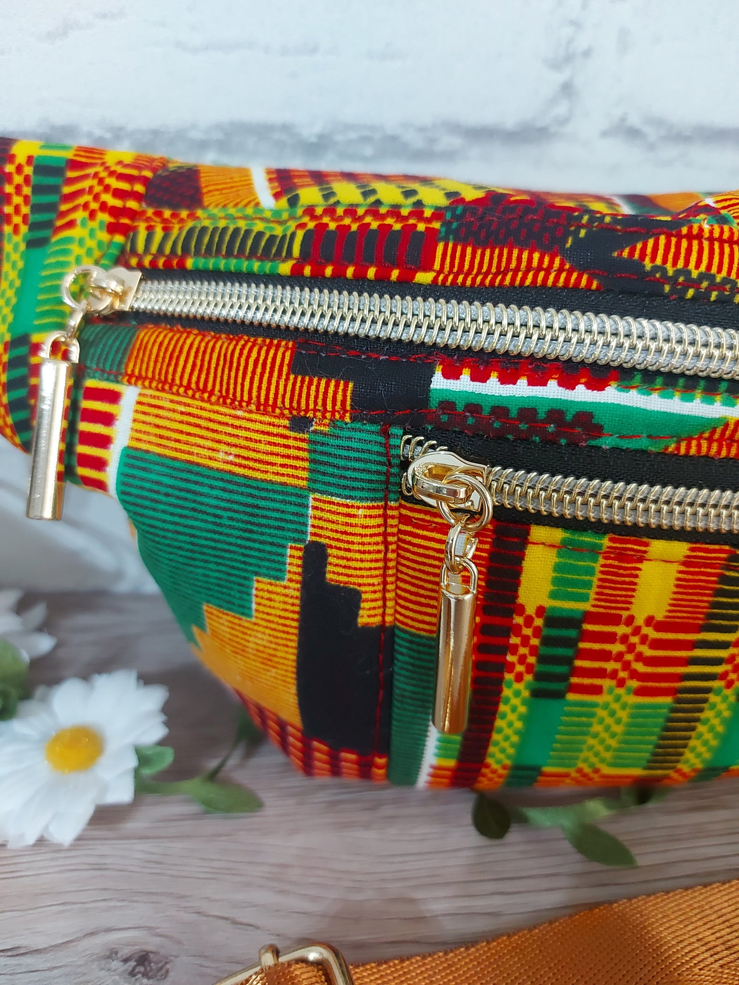 African print Bum Bag in orange, red, yellow and green colours with detachable strap. Fanny Pack, Sling Bag