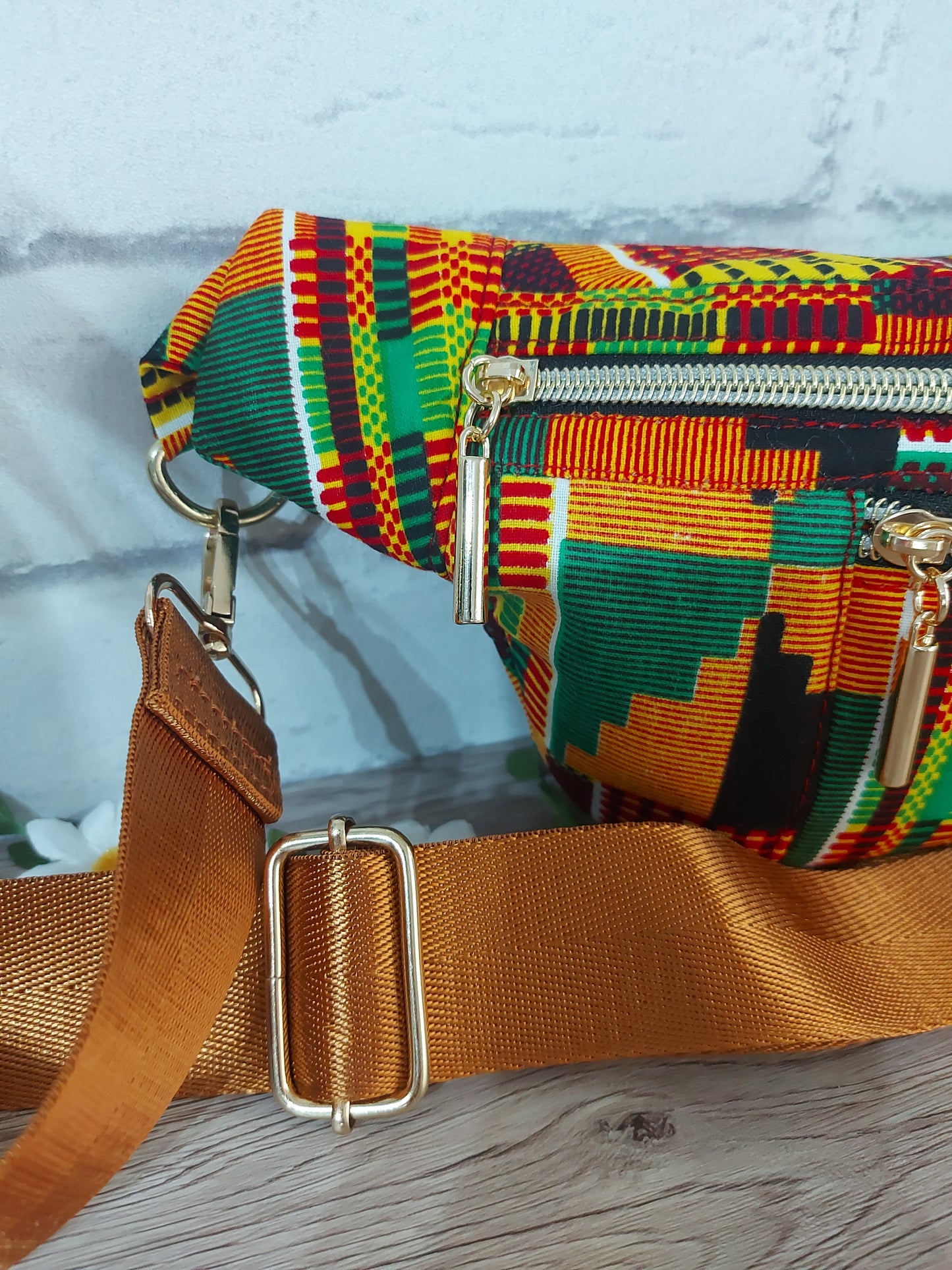 African print Bum Bag in orange, red, yellow and green colours with detachable strap. Fanny Pack, Sling Bag