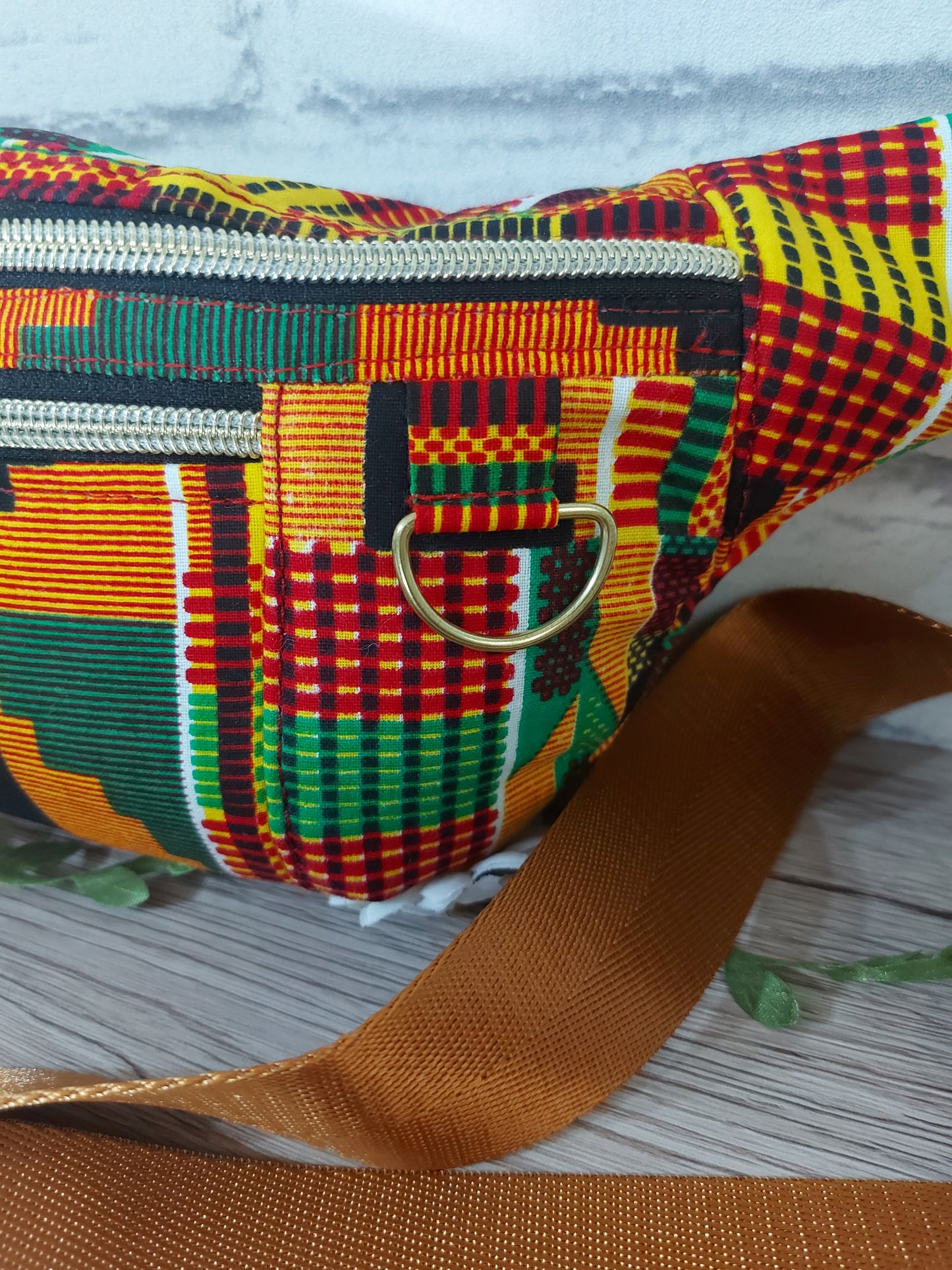 African print Bum Bag in orange, red, yellow and green colours with detachable strap. Fanny Pack, Sling Bag