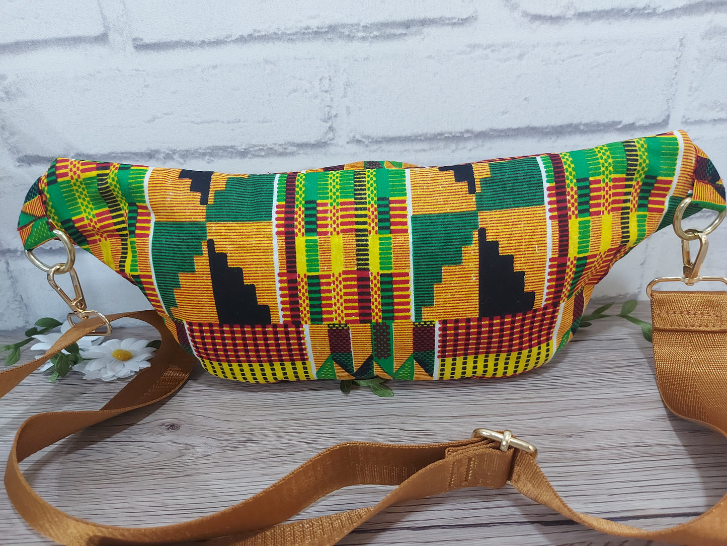 African print Bum Bag in orange, red, yellow and green colours with detachable strap. Fanny Pack, Sling Bag