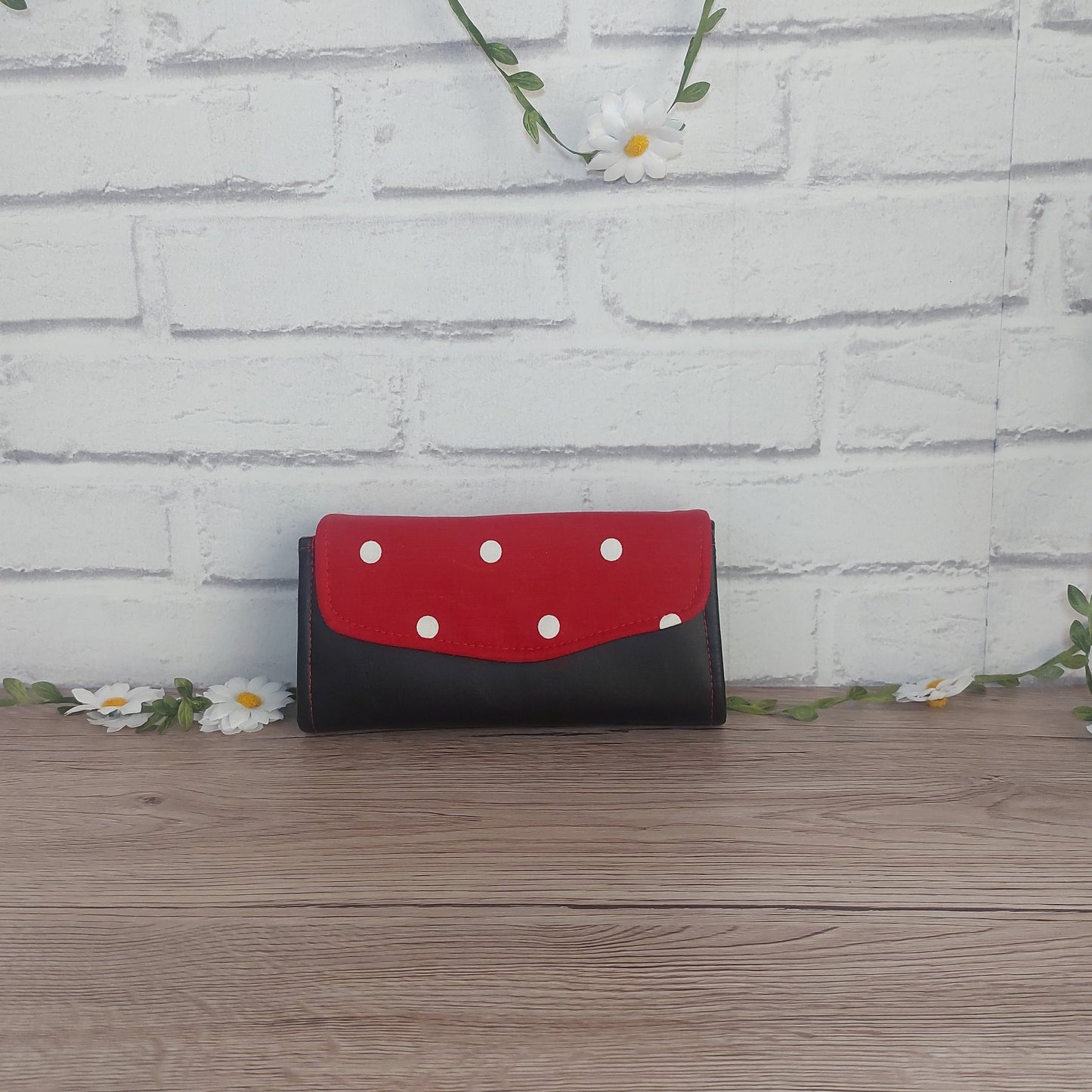 Large Black Leather With Red Polka Dots Purse