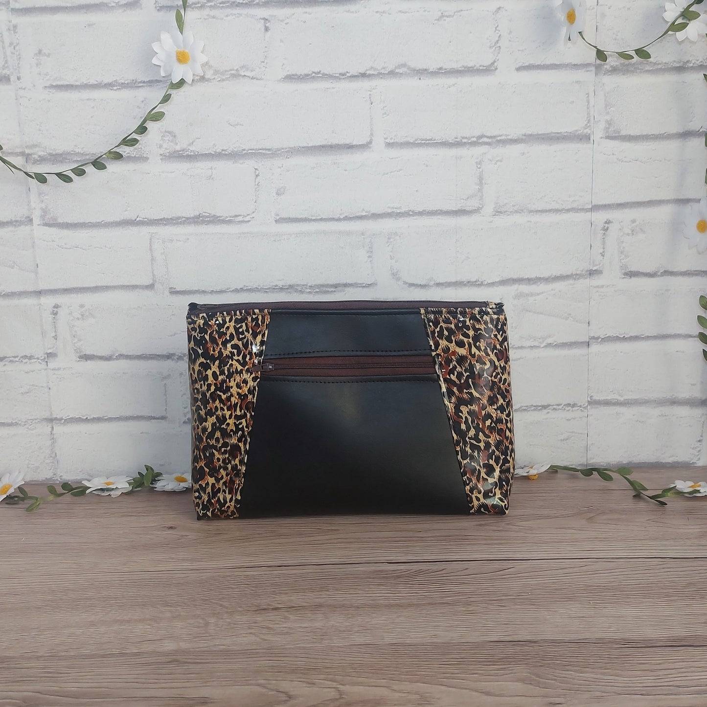Black and Leopard Print Faux Leather Cosmetic Bag