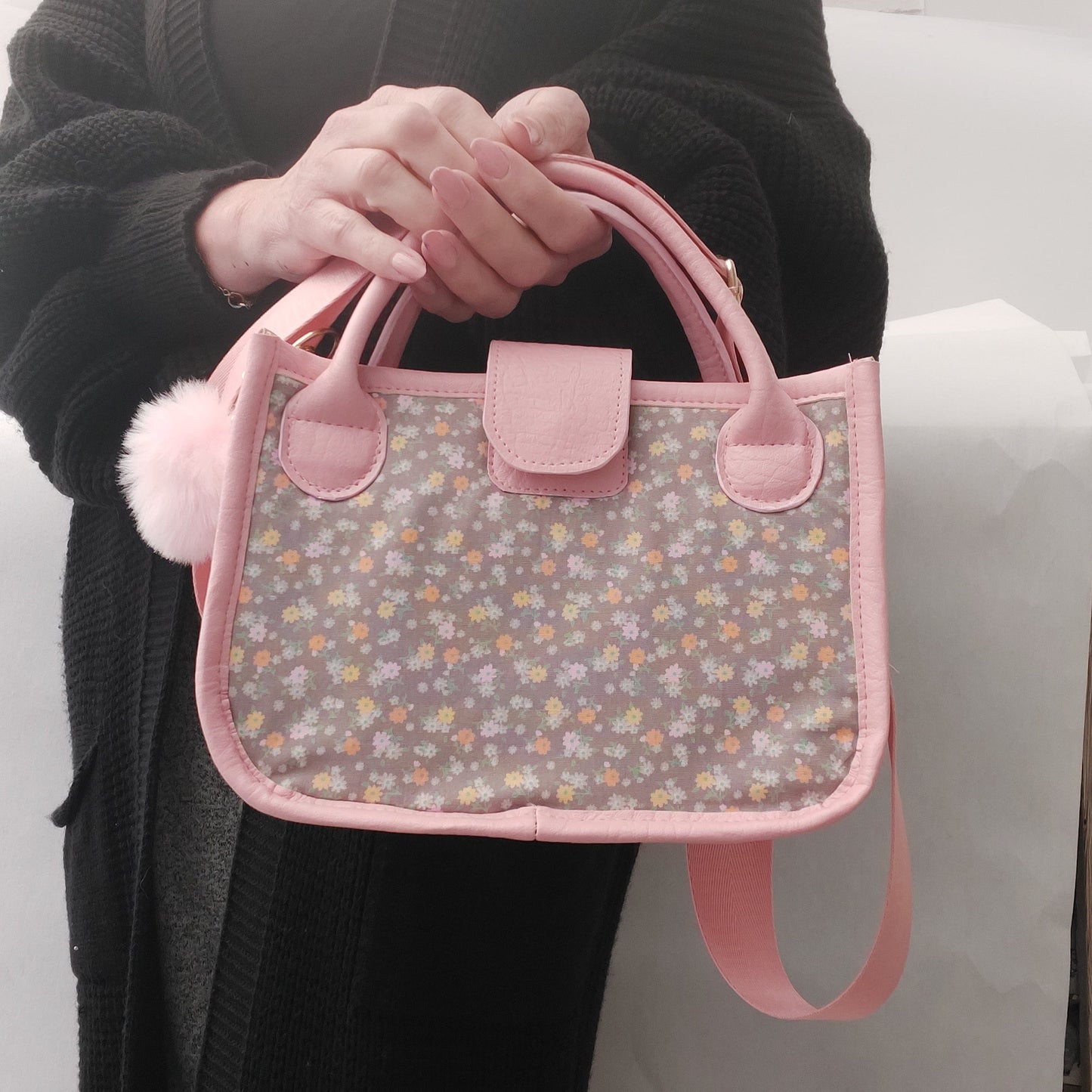pink faux leather and floral small essentials handbag and crossbody