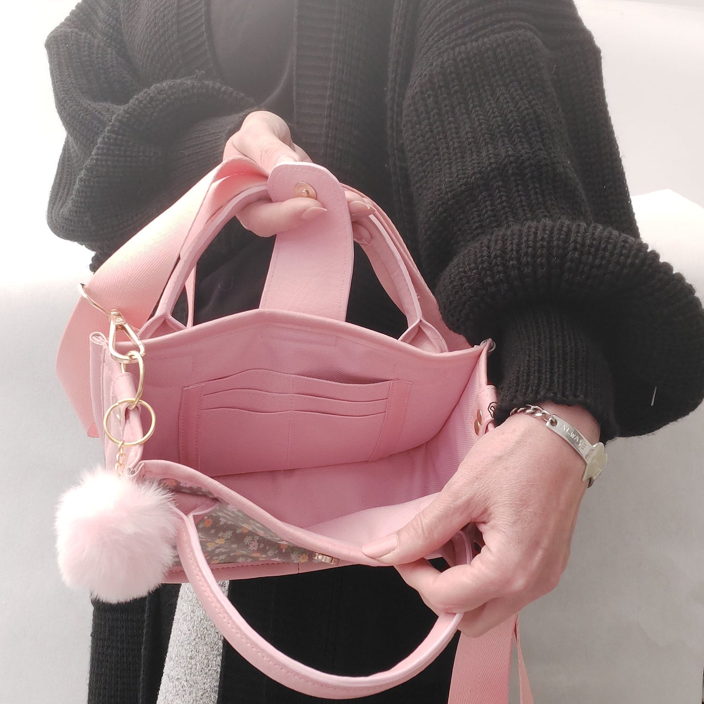 pink faux leather and floral small essentials handbag and crossbody