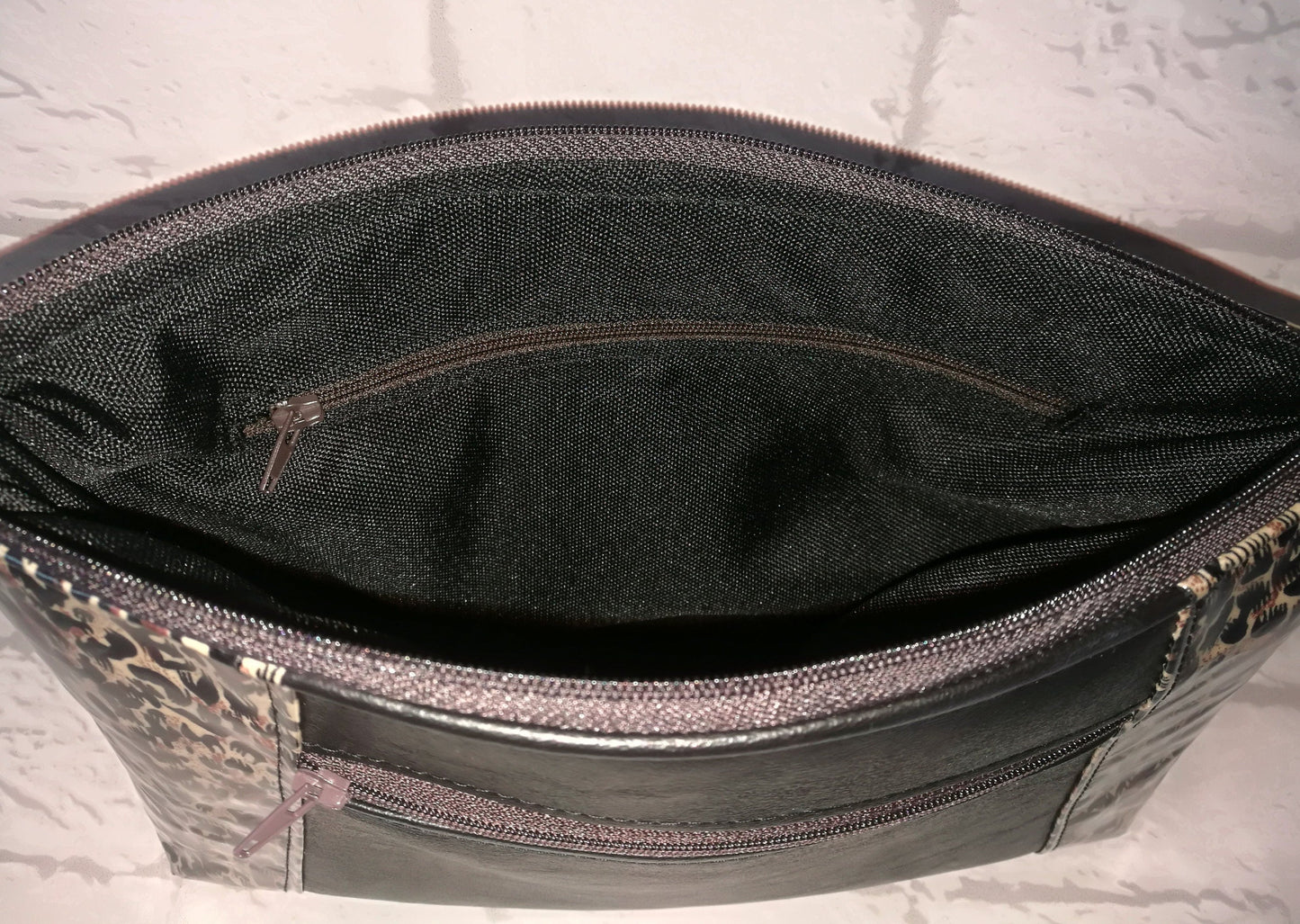black and leopard print faux leather cosmetic and toiletry bag, make case, zippered evening carry clutch