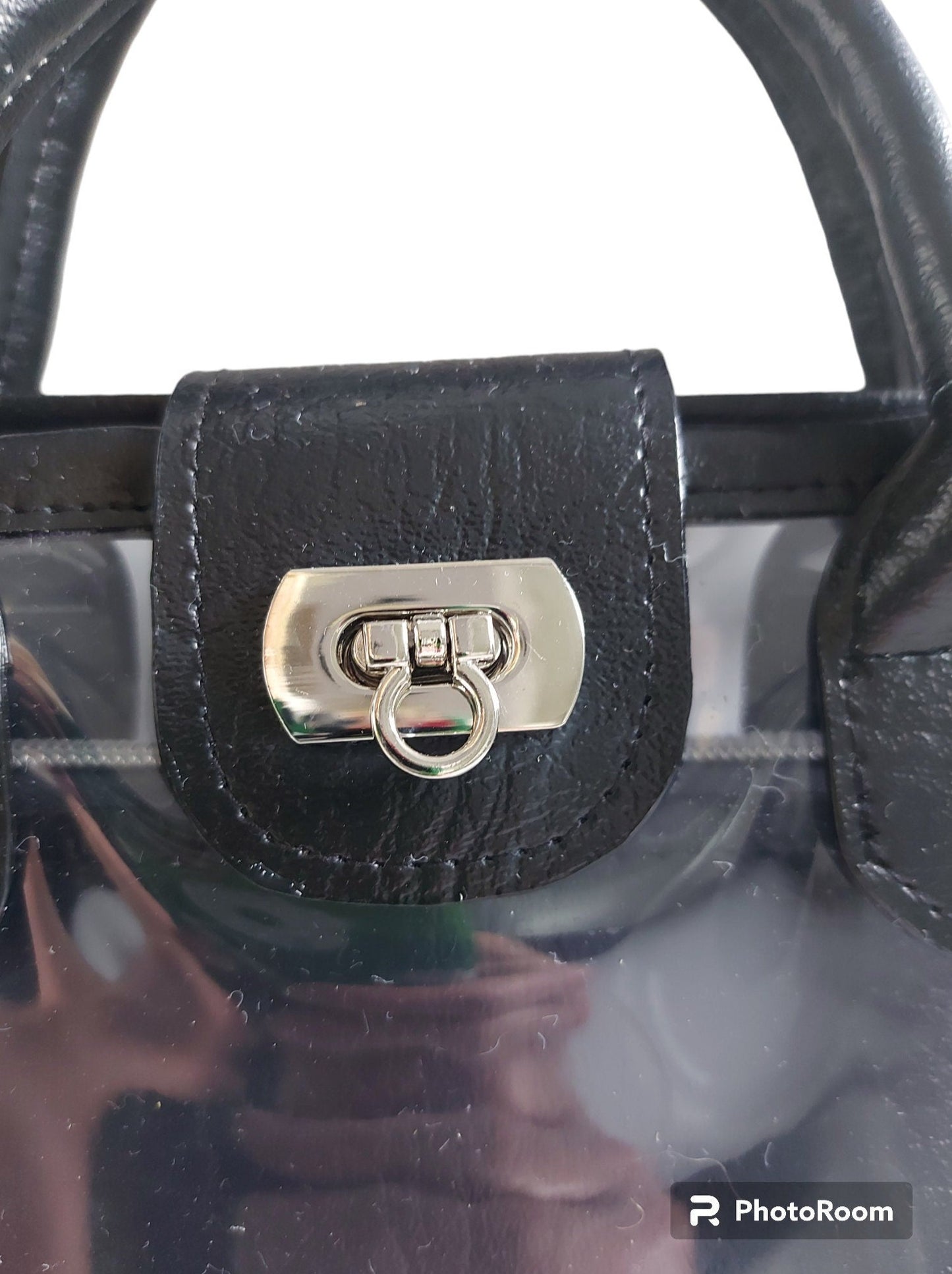 clear small bag with black faux leather top handle and designer adjustable strap, days out nights out or work handbag, women and girls gift