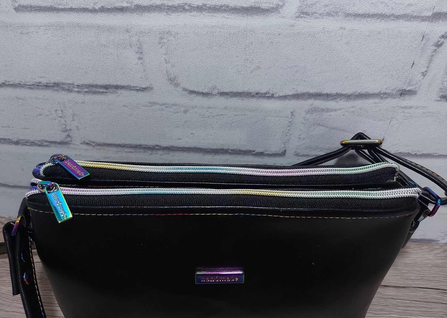 BLACK LEATHER CROSSBODY bag with two separate compartments, double clutch bag with rainbow hardware and detachable adjustable strap