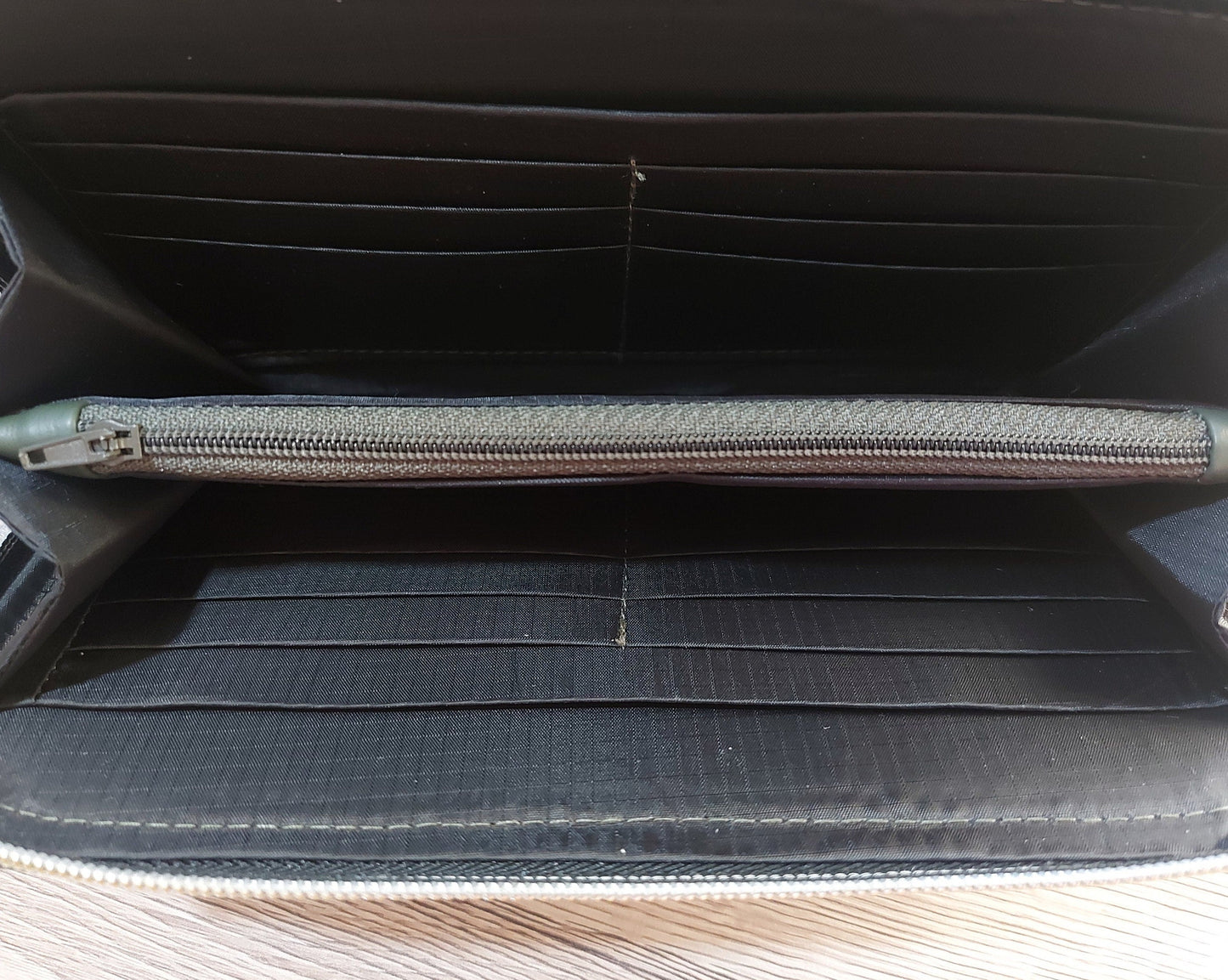 forest green faux leather large zip around women's wallet purse with card and cash slots and a zippered coin pouch, carry clutch