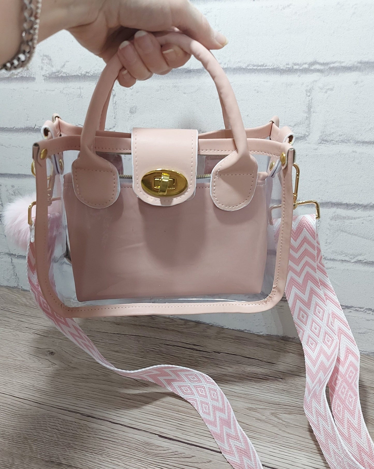 clear small bag with pink faux leather top handle and designer adjustable strap, days out nights out or work handbag, women and girls gift