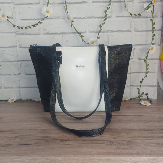 Large Navy Croc and White Faux Leather Shoulder Tote Bag
