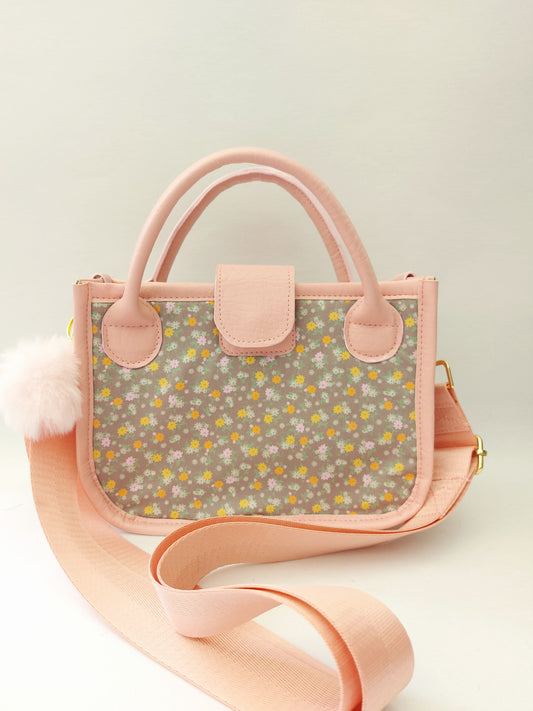 pink faux leather and floral small essentials handbag and crossbody