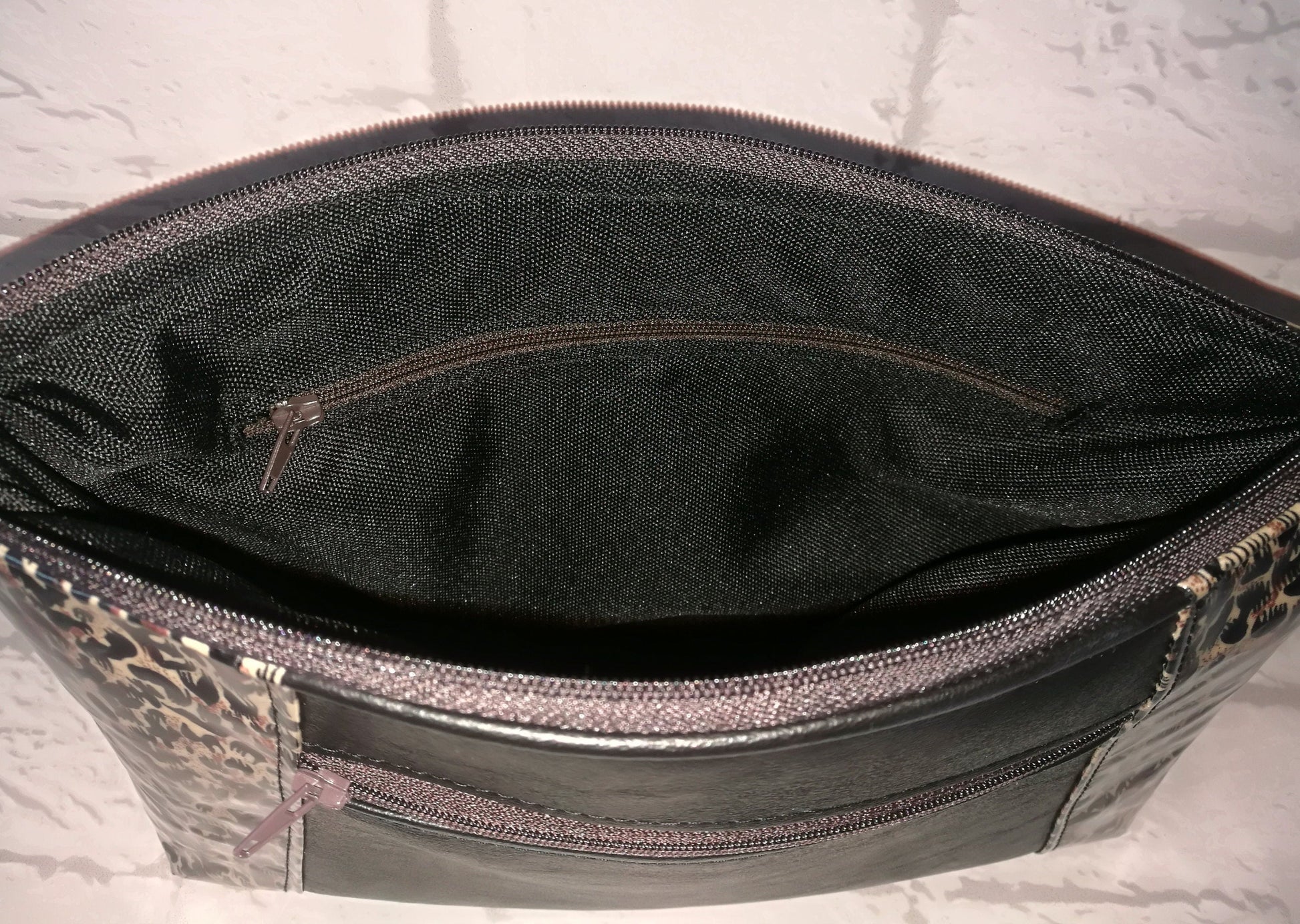 black and leopard print faux leather cosmetic and toiletry bag, make case, zippered evening carry clutch