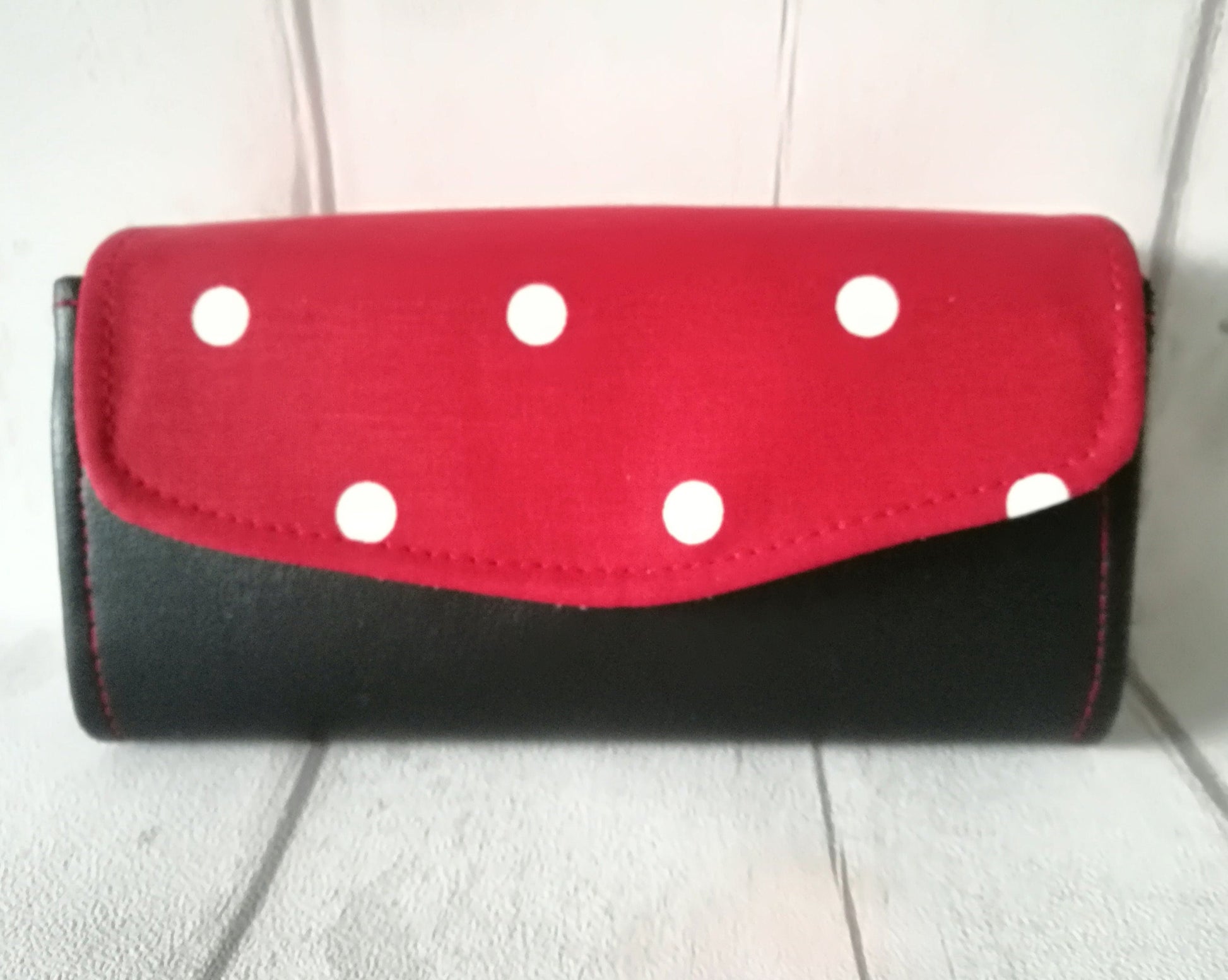 LARGE BLACK LEATHER with red polka dots wallet purse, womens faux leather wallet, gift for her,phone wallet,credit card holder, purse