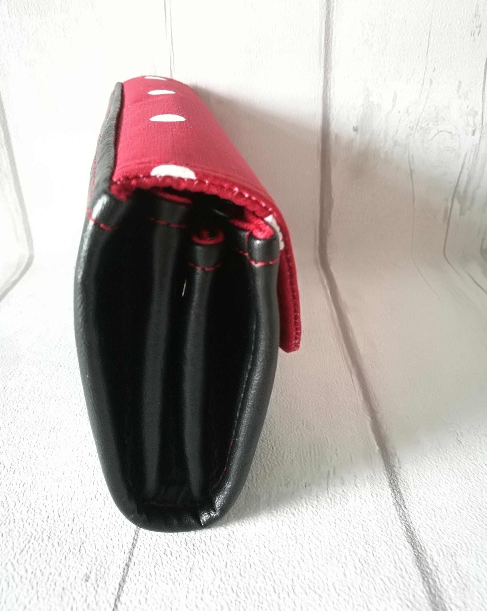 LARGE BLACK LEATHER with red polka dots wallet purse, womens faux leather wallet, gift for her,phone wallet,credit card holder, purse