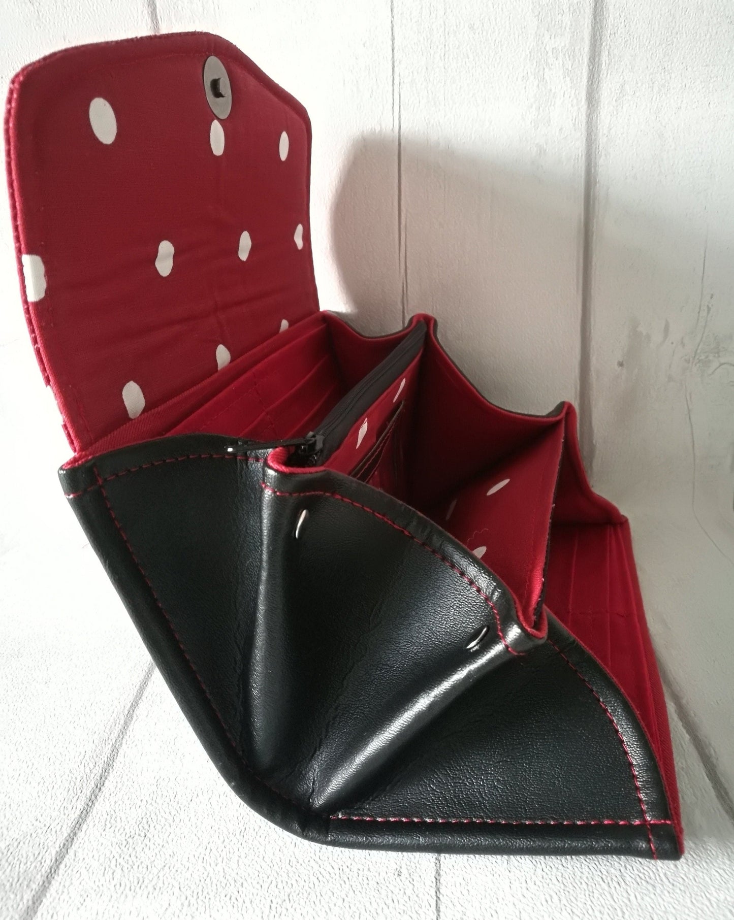 LARGE BLACK LEATHER with red polka dots wallet purse, womens faux leather wallet, gift for her,phone wallet,credit card holder, purse