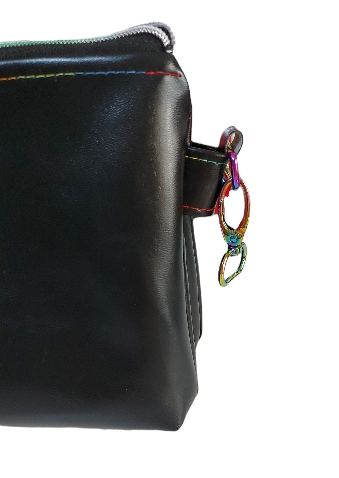 BLACK LEATHER CROSSBODY bag with two separate compartments, double clutch bag with rainbow hardware and detachable adjustable strap