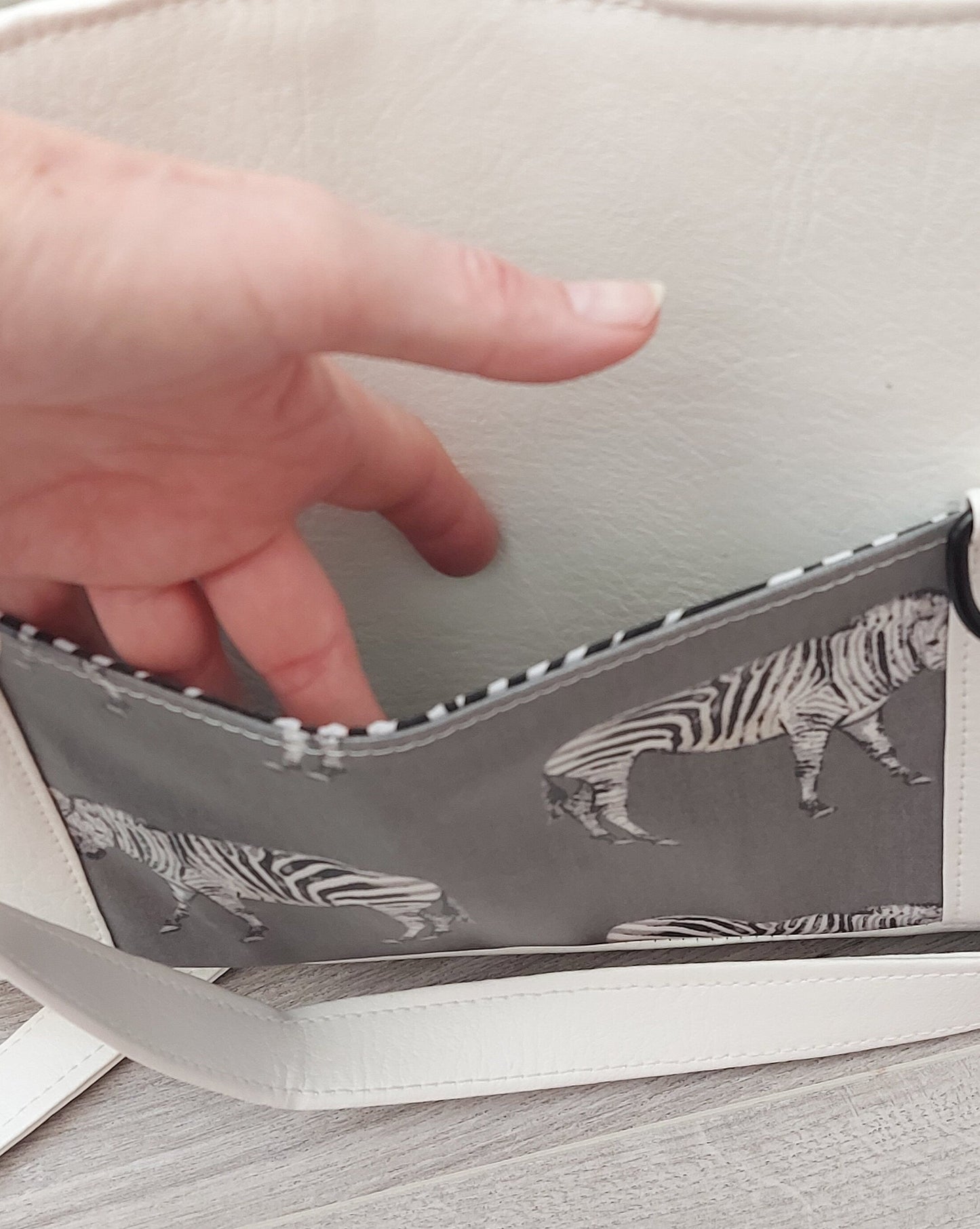 LEATHER SHOULDER BAG, white leather double bag with zebra print, work bag, school college uni bag, vegan leather handbag