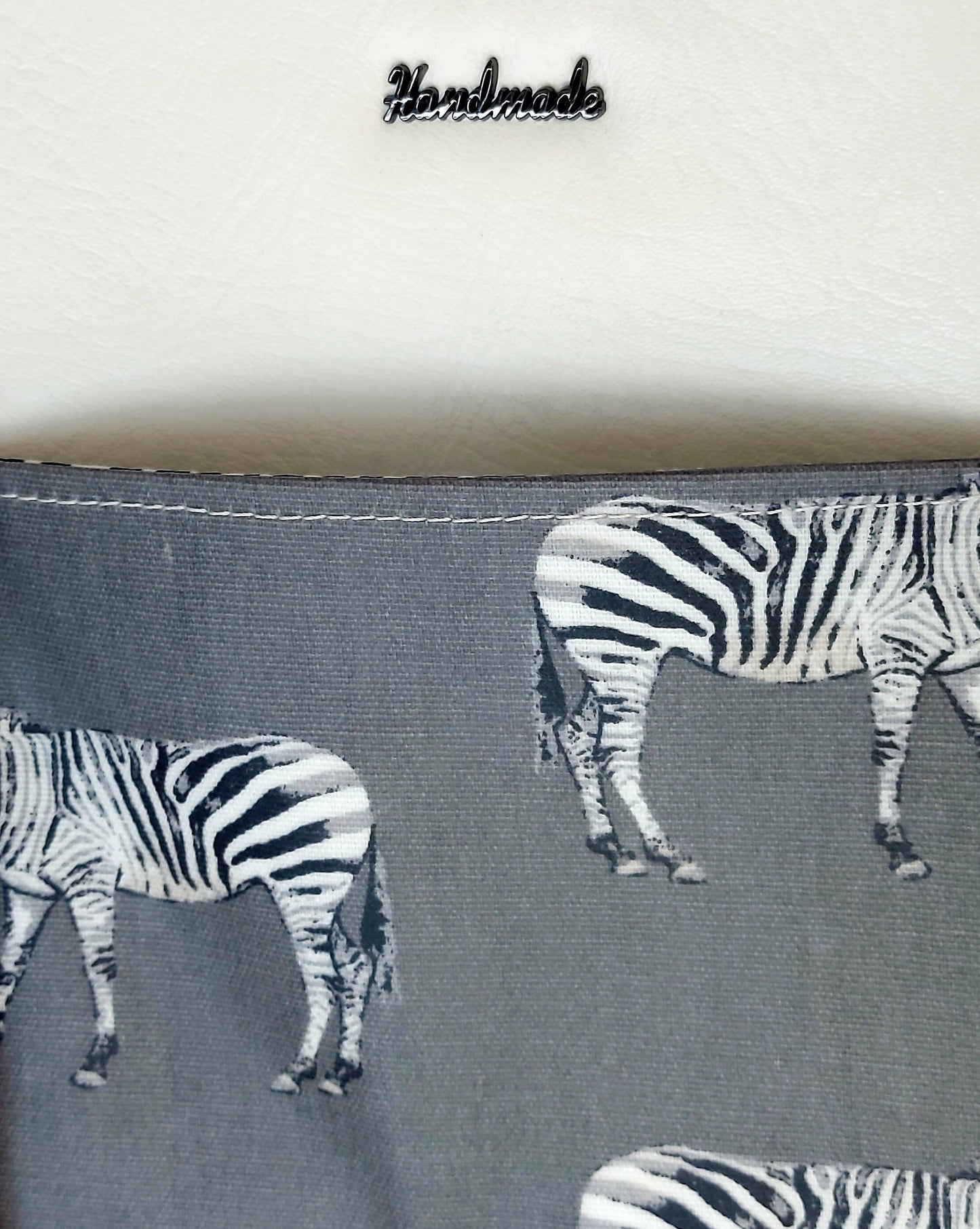 LEATHER SHOULDER BAG, white leather double bag with zebra print, work bag, school college uni bag, vegan leather handbag