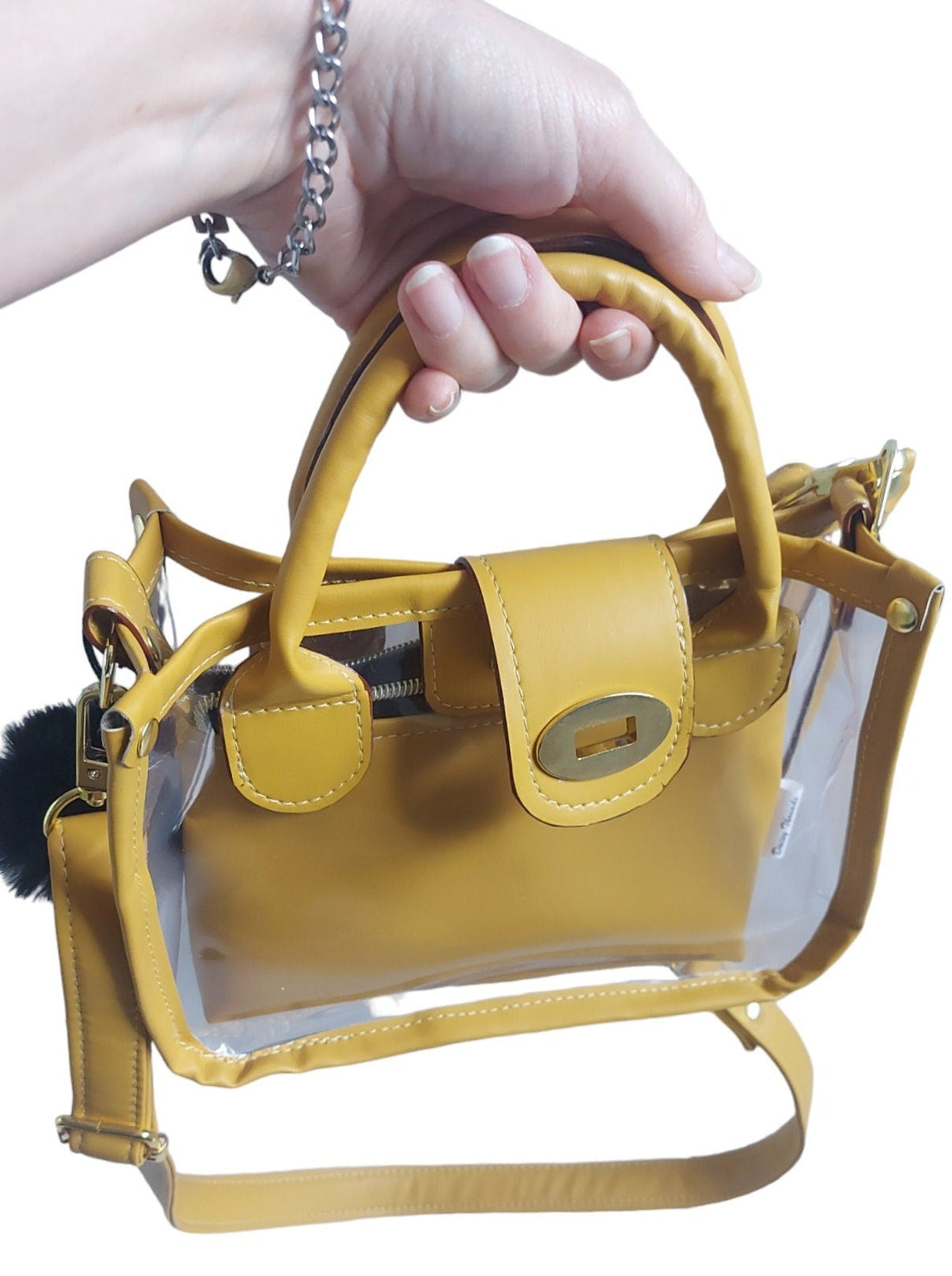 clear small tote bag with mustard faux leather top handles and small pouch, for days out nights out or work handbag, women and girls gift
