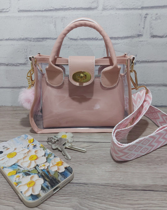 clear small bag with pink faux leather top handle and designer adjustable strap, days out nights out or work handbag, women and girls gift