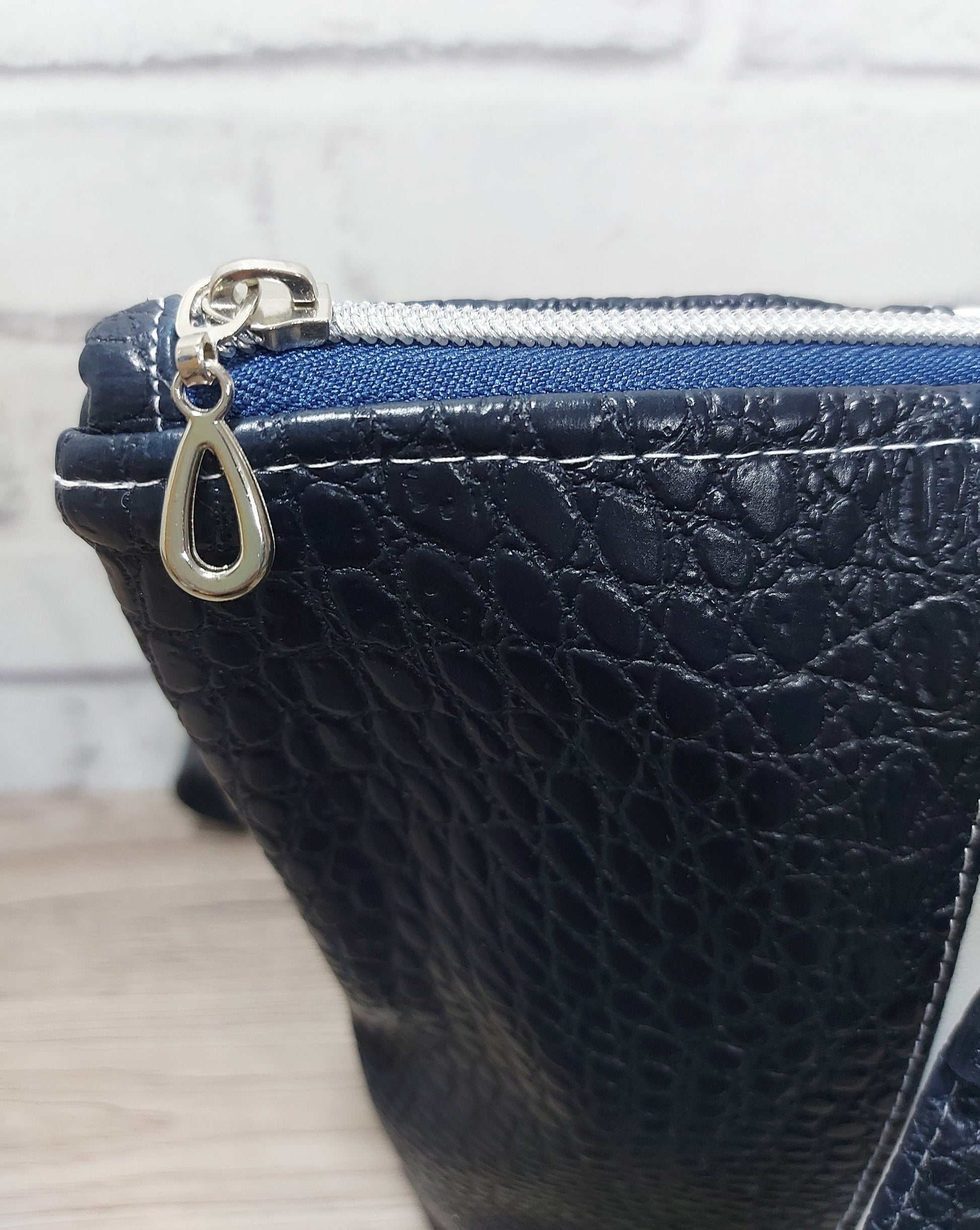 Large navy croc and white faux leather shoulder tote with waterproof lining, women's work college or shopping bag,