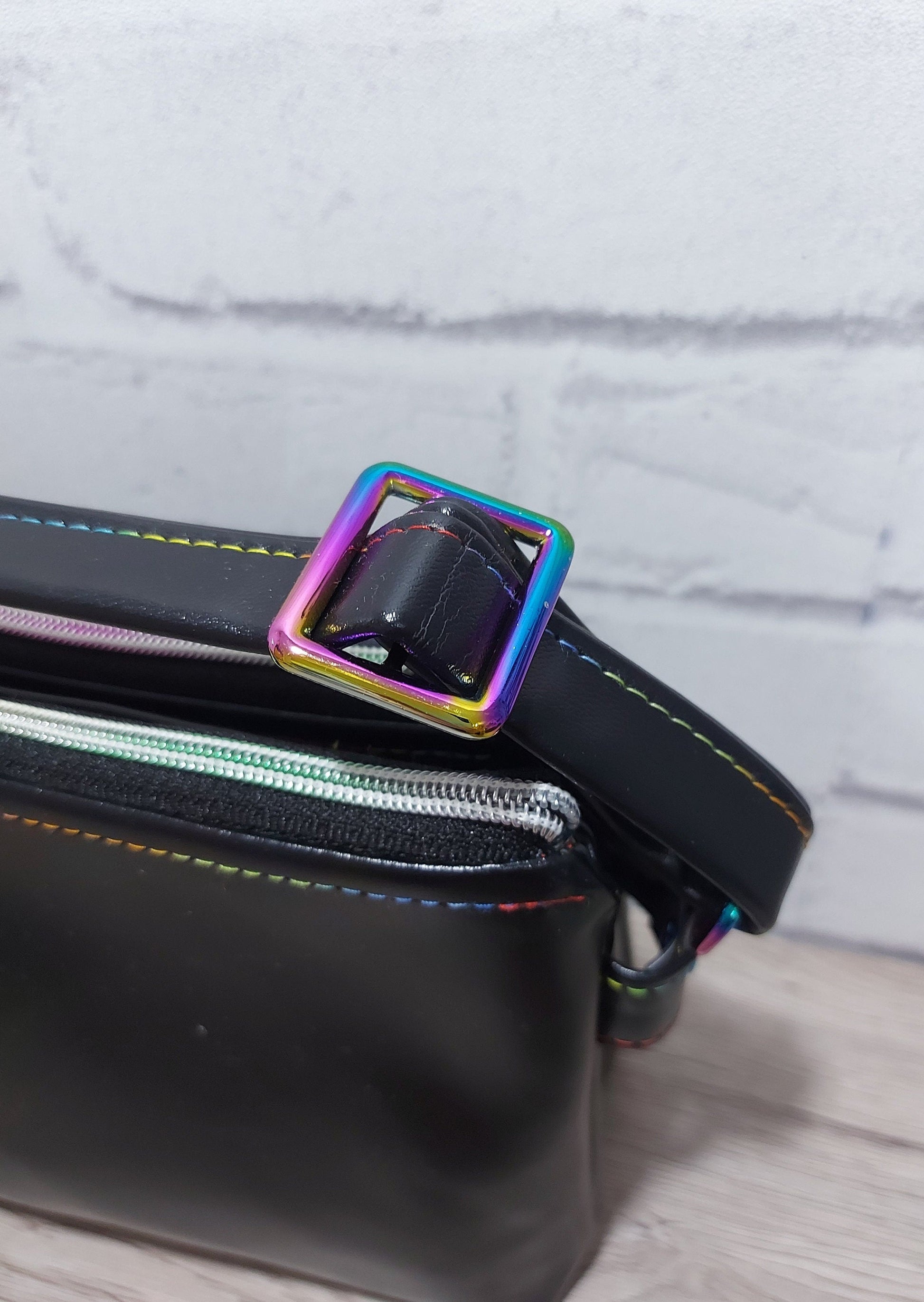BLACK LEATHER CROSSBODY bag with two separate compartments, double clutch bag with rainbow hardware and detachable adjustable strap