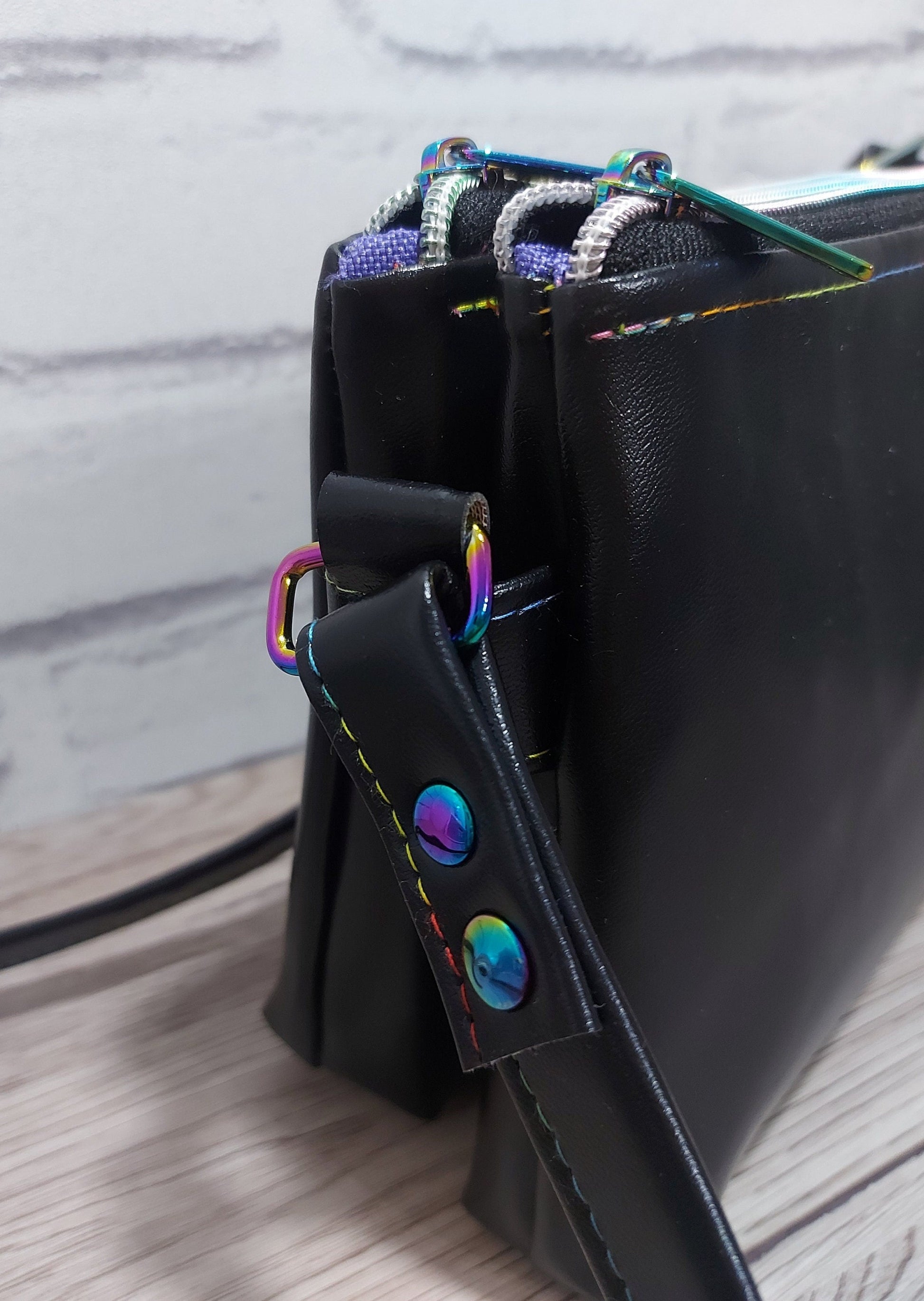 BLACK LEATHER CROSSBODY bag with two separate compartments, double clutch bag with rainbow hardware and detachable adjustable strap