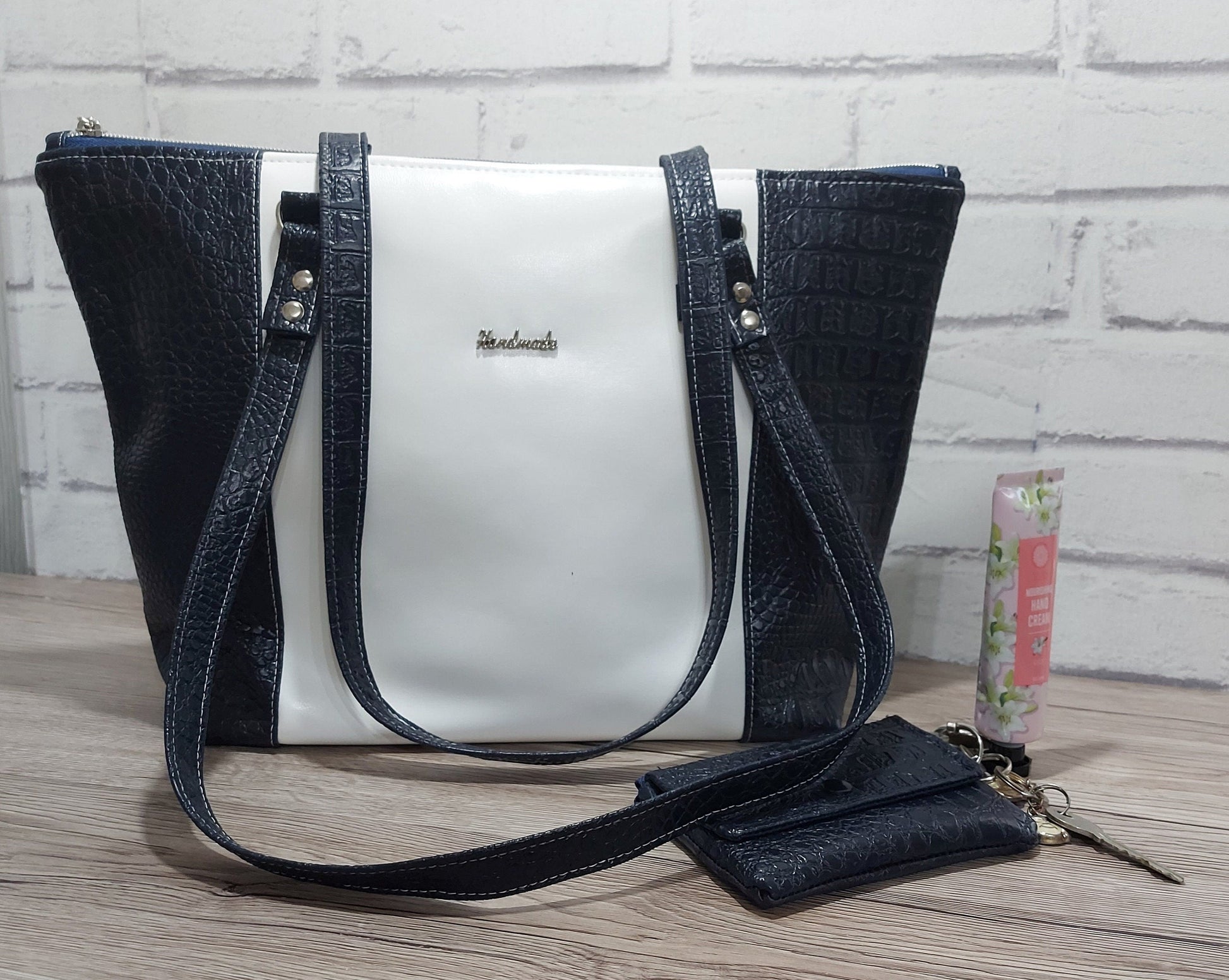 Large navy croc and white faux leather shoulder tote with waterproof lining, women's work college or shopping bag,