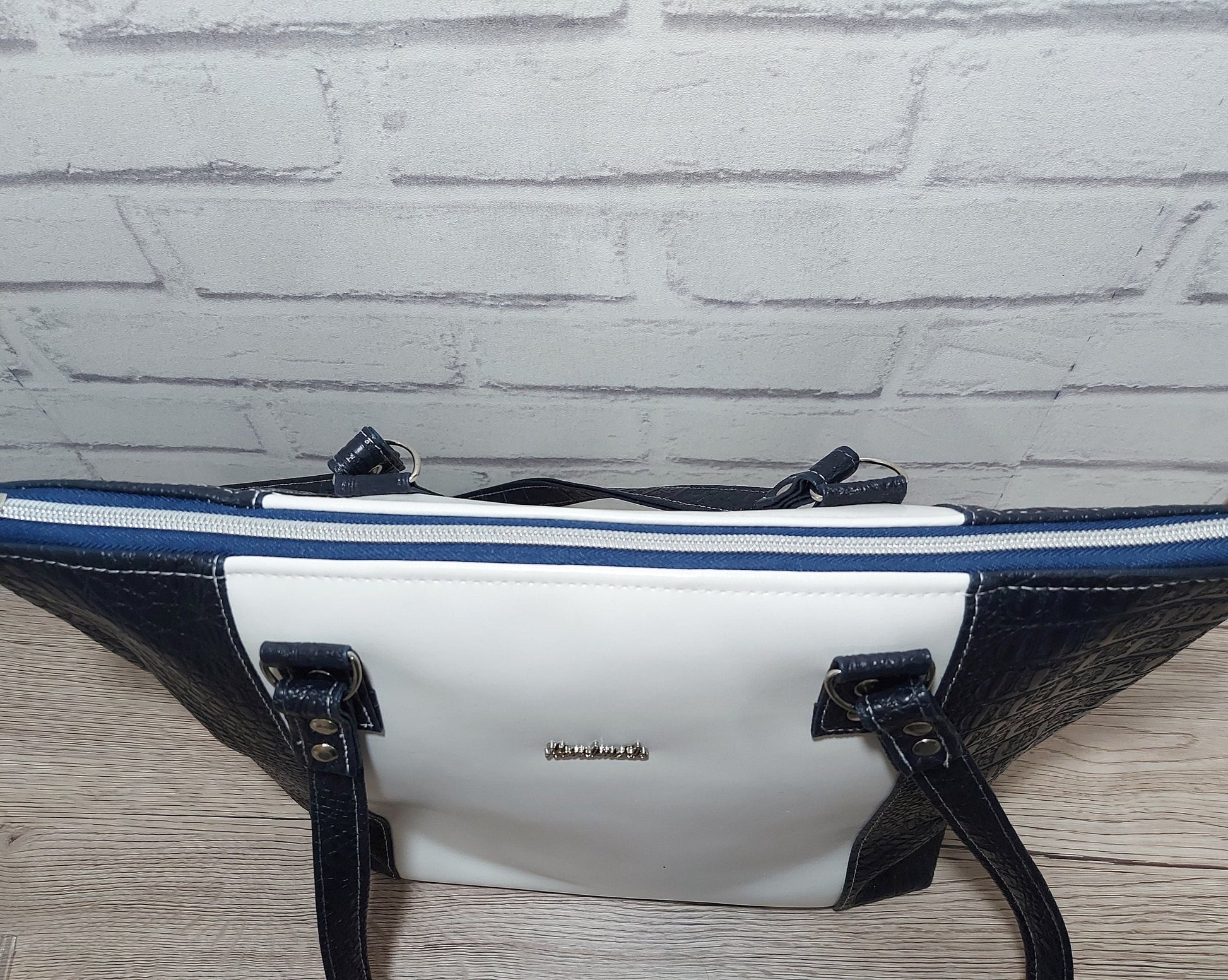 Large navy croc and white faux leather shoulder tote with waterproof lining, women's work college or shopping bag,
