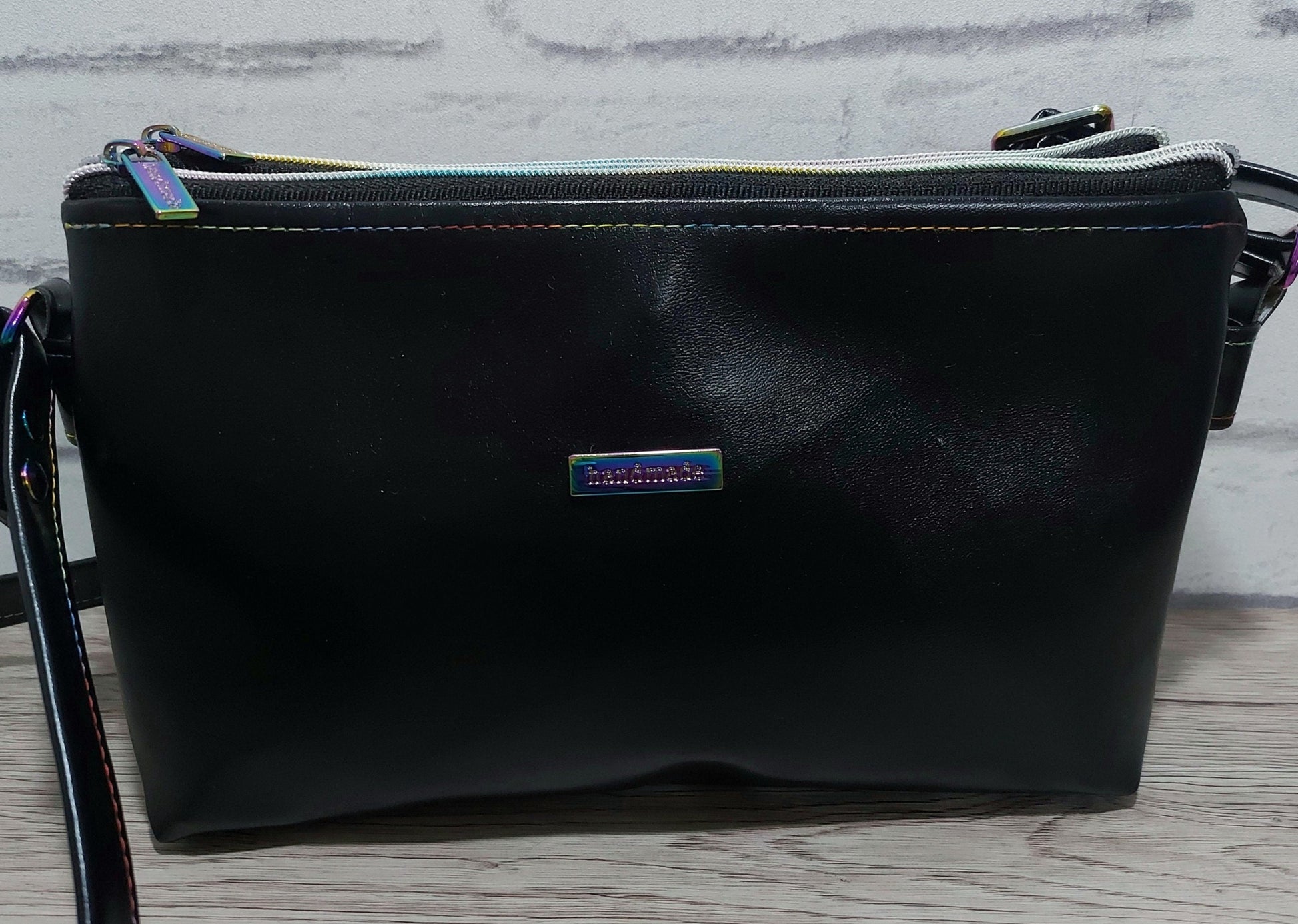 BLACK LEATHER CROSSBODY bag with two separate compartments, double clutch bag with rainbow hardware and detachable adjustable strap